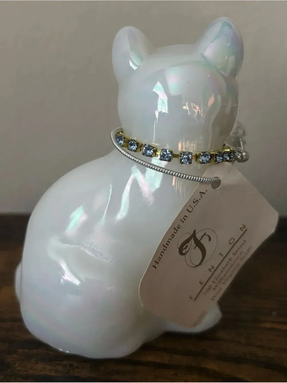 Vintage Fenton Opal Iridescent December Cat ~ Blue Zircon - UVGlow - Marked